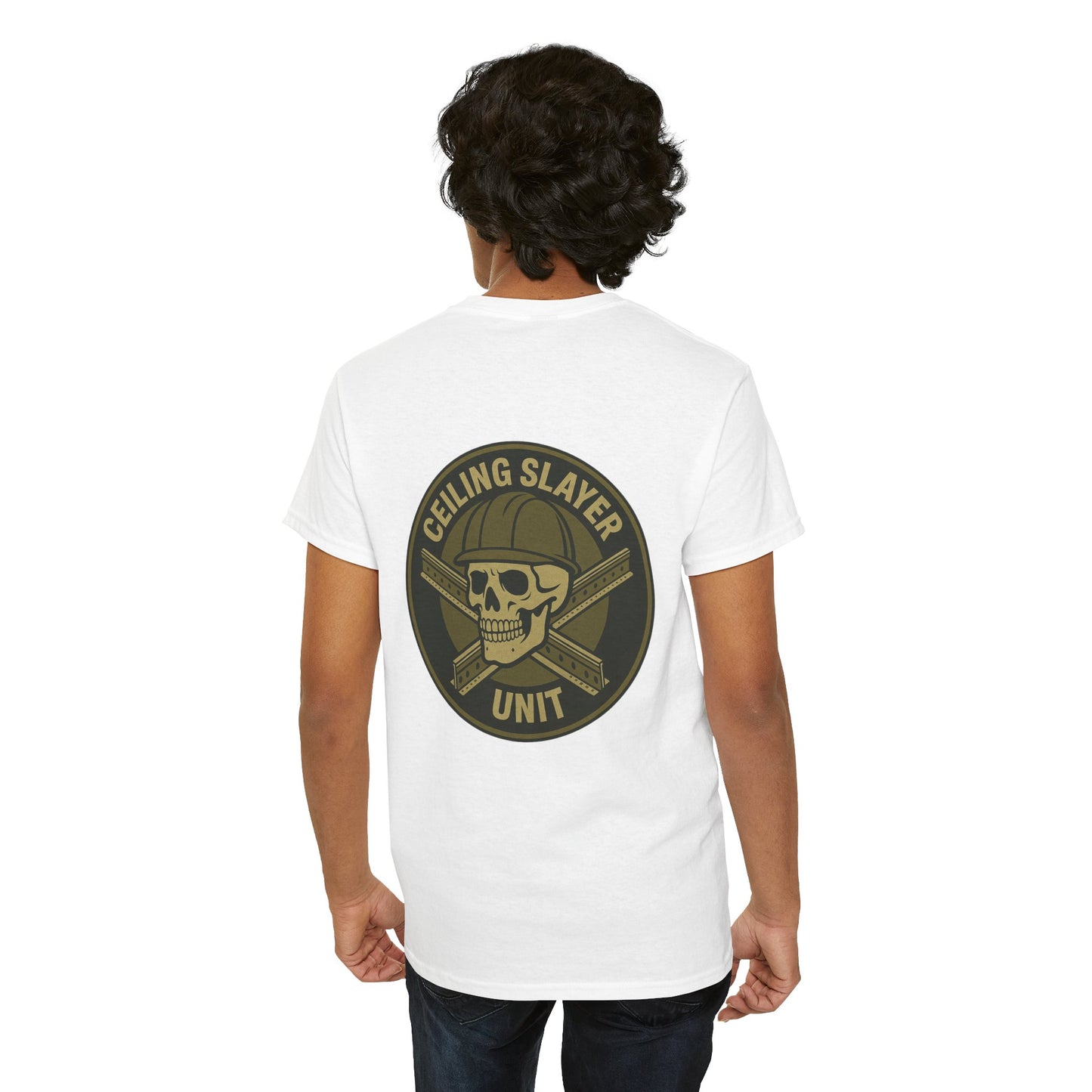 “Ceiling Slayer Unit” military inspired shirt with tbar cross and skull