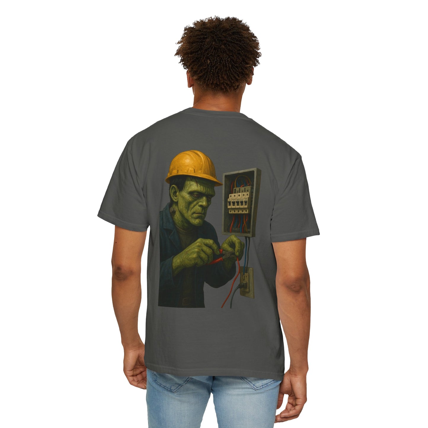 Frankenstein the electrician is busy at work. - shirt