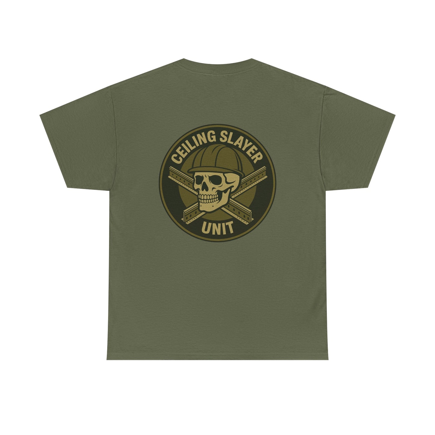 “Ceiling Slayer Unit” military inspired shirt with tbar cross and skull