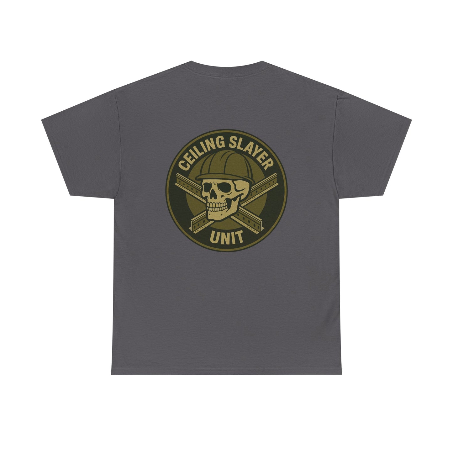 “Ceiling Slayer Unit” military inspired shirt with tbar cross and skull