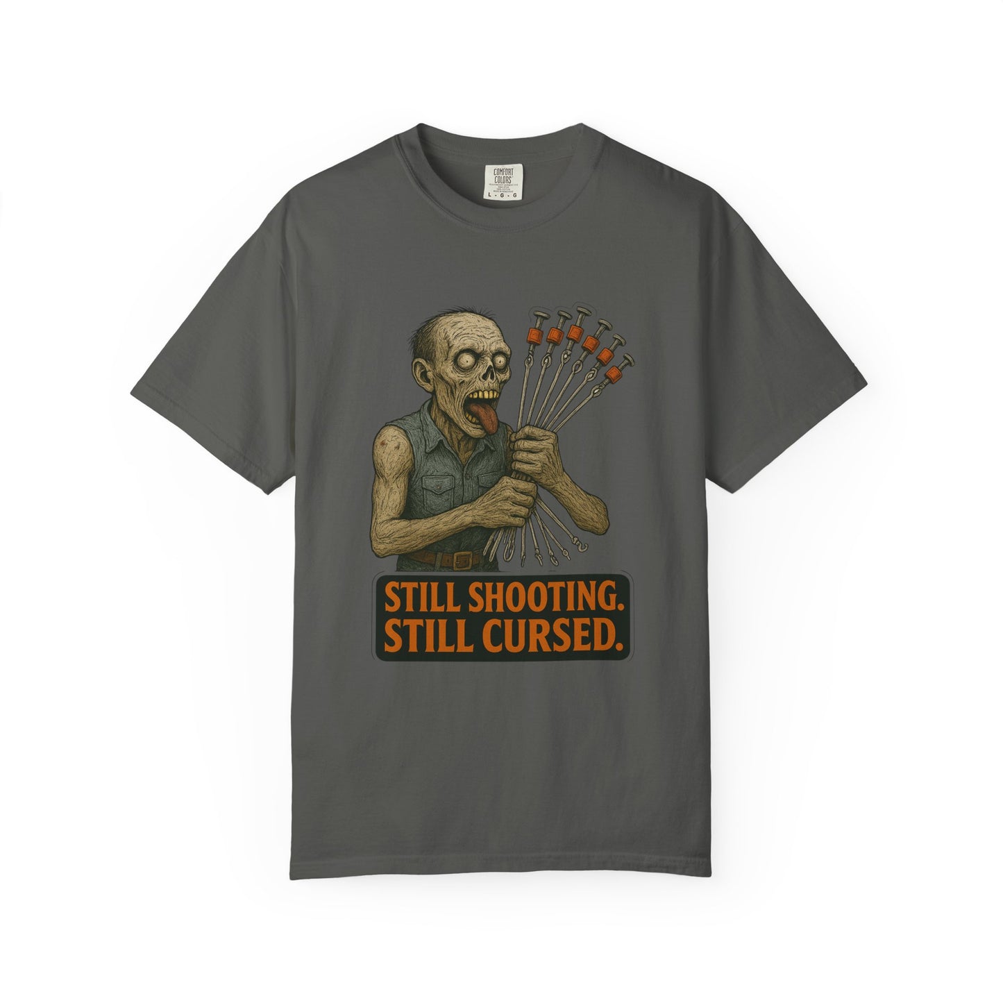 “Still Shooting. Still Cursed” (print on front) Zombie Ceiling Wire Shooter shirt