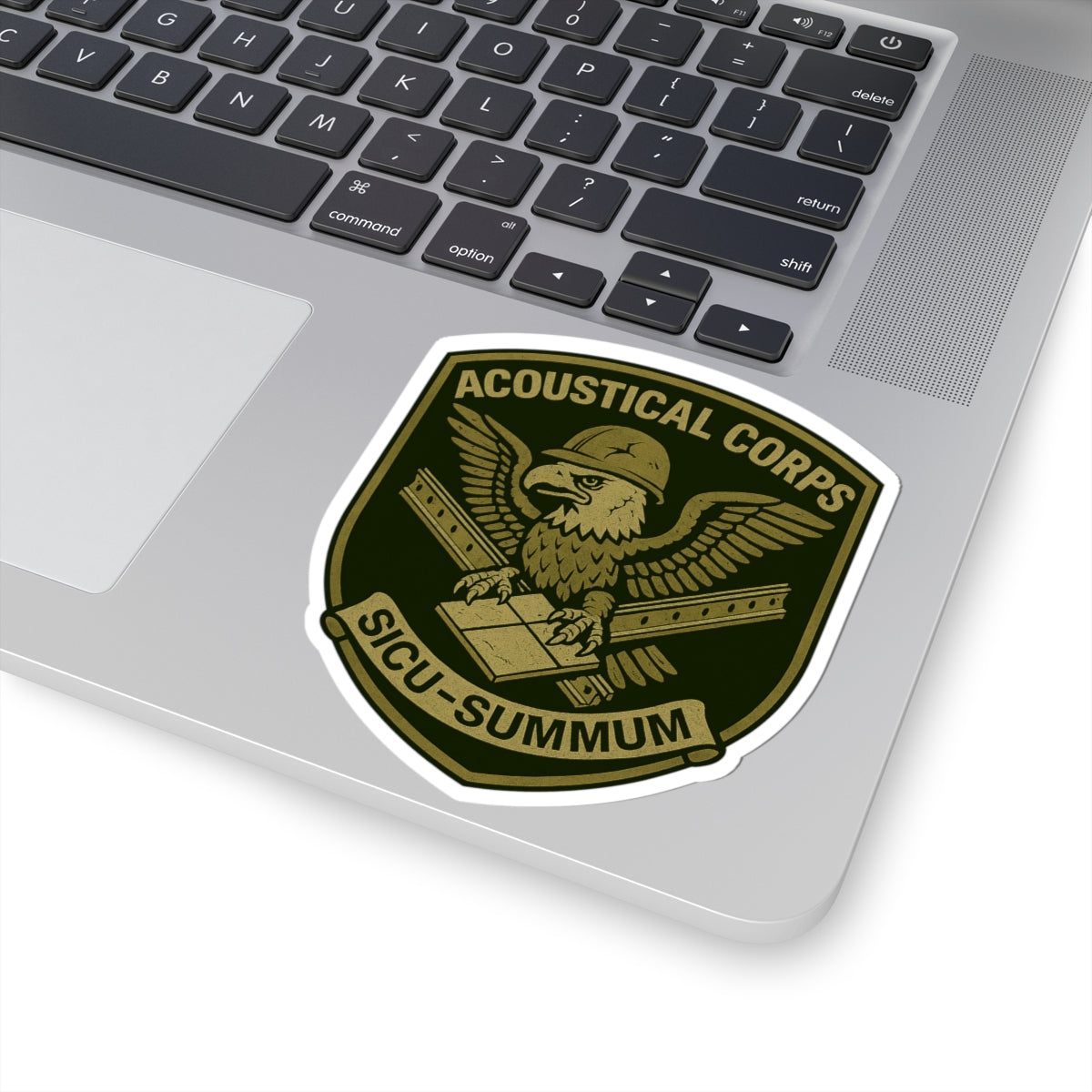 “Acoustical Corps” with Eagle, tbar and tile. Military patch inspired kiss-cut sticker