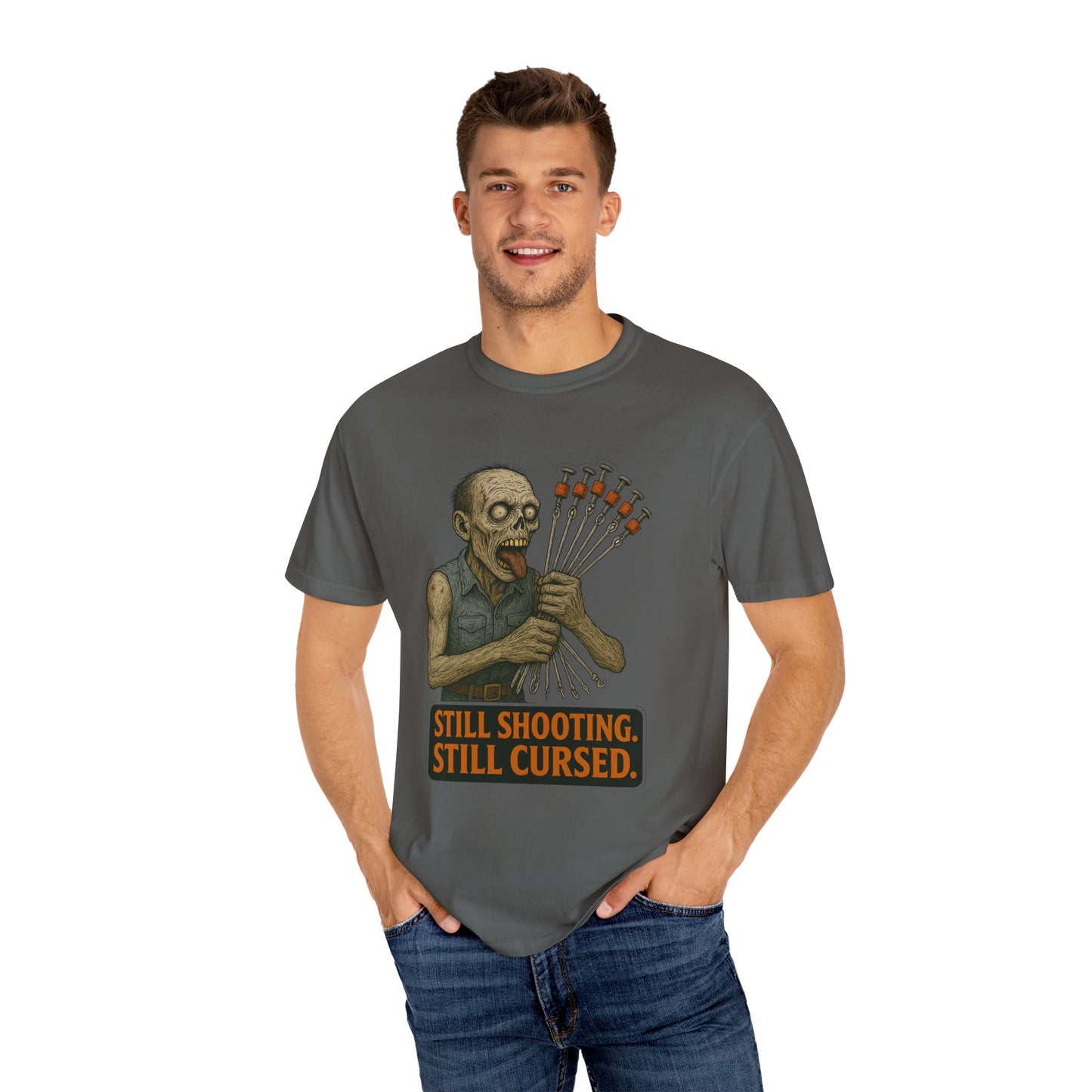 “Still Shooting. Still Cursed” (print on front) Zombie Ceiling Wire Shooter shirt