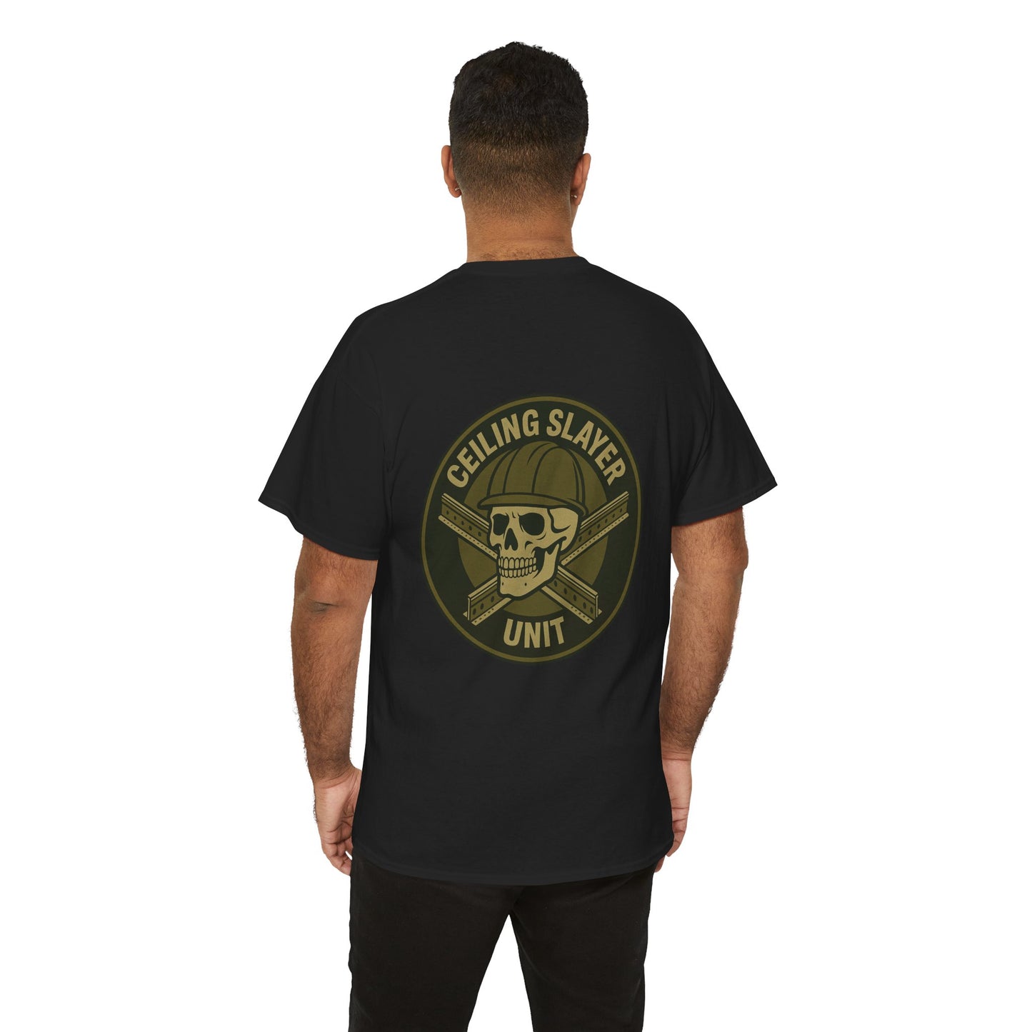 “Ceiling Slayer Unit” military inspired shirt with tbar cross and skull