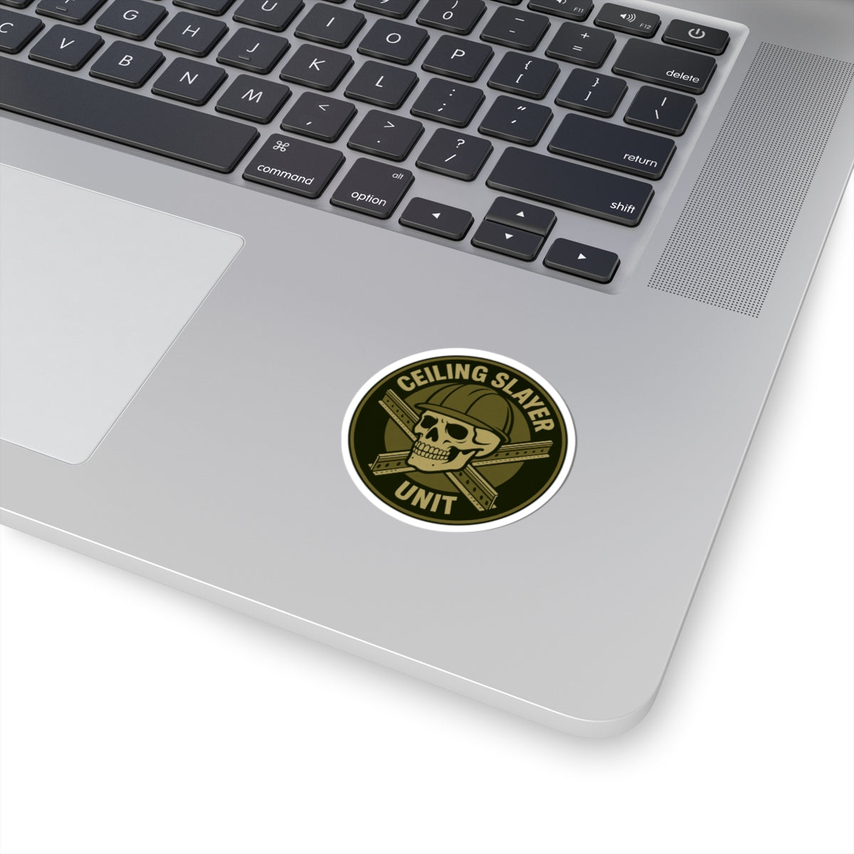 “Ceiling Slayer Unit” with skull and grid cross. Military patch inspired kiss-cut sticker