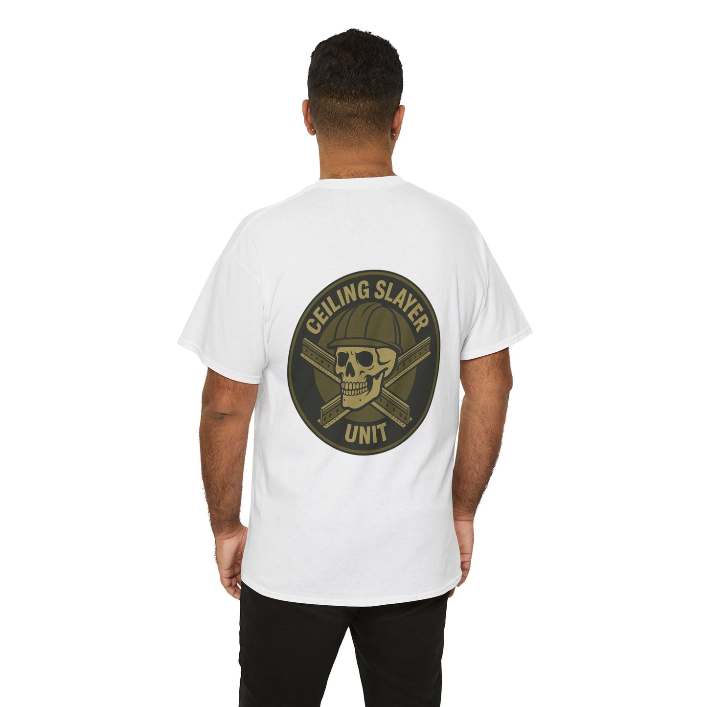 “Ceiling Slayer Unit” military inspired shirt with tbar cross and skull