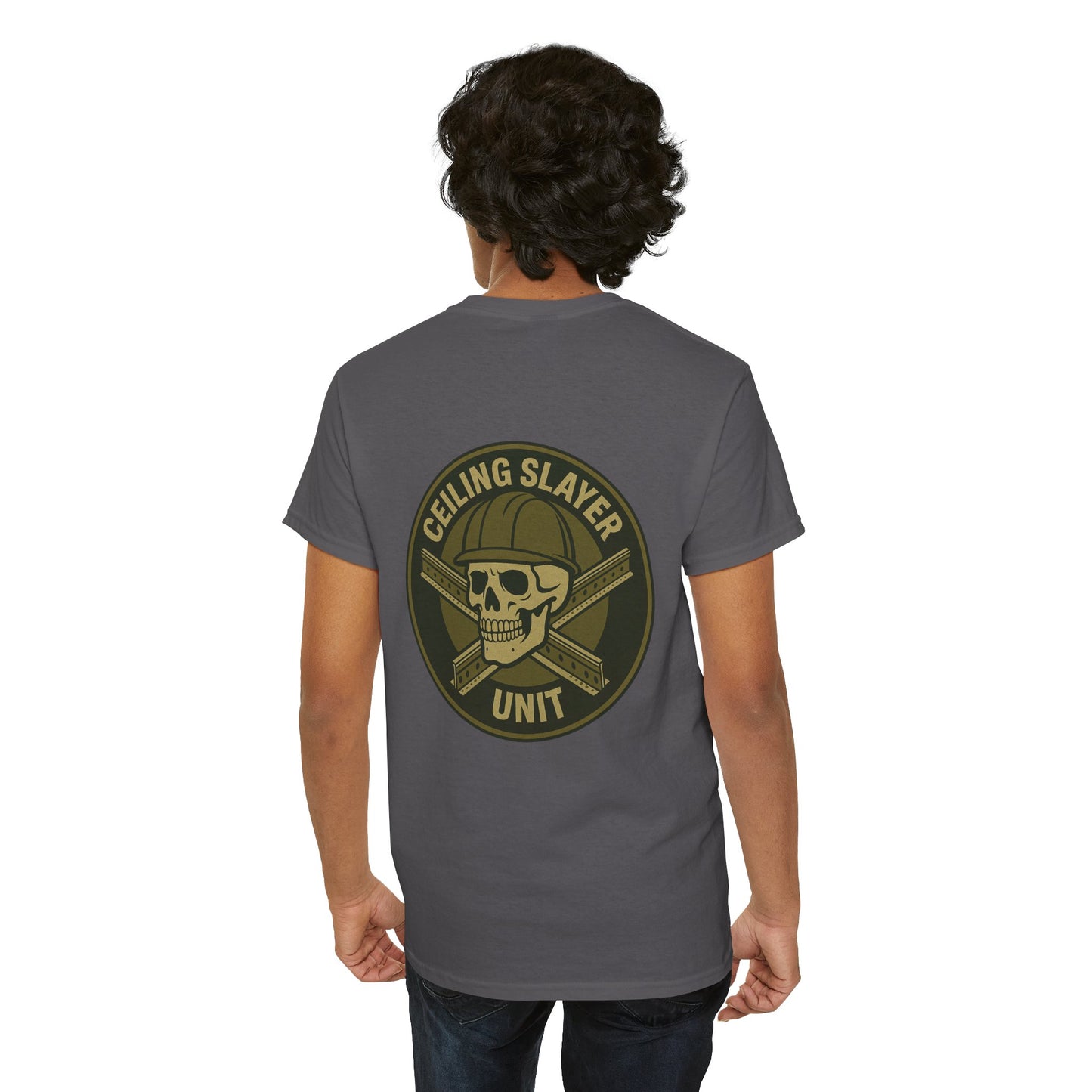 “Ceiling Slayer Unit” military inspired shirt with tbar cross and skull