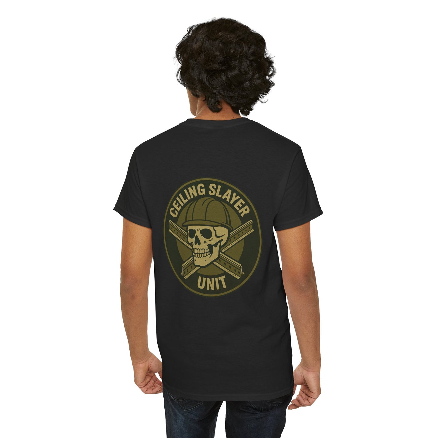 “Ceiling Slayer Unit” military inspired shirt with tbar cross and skull