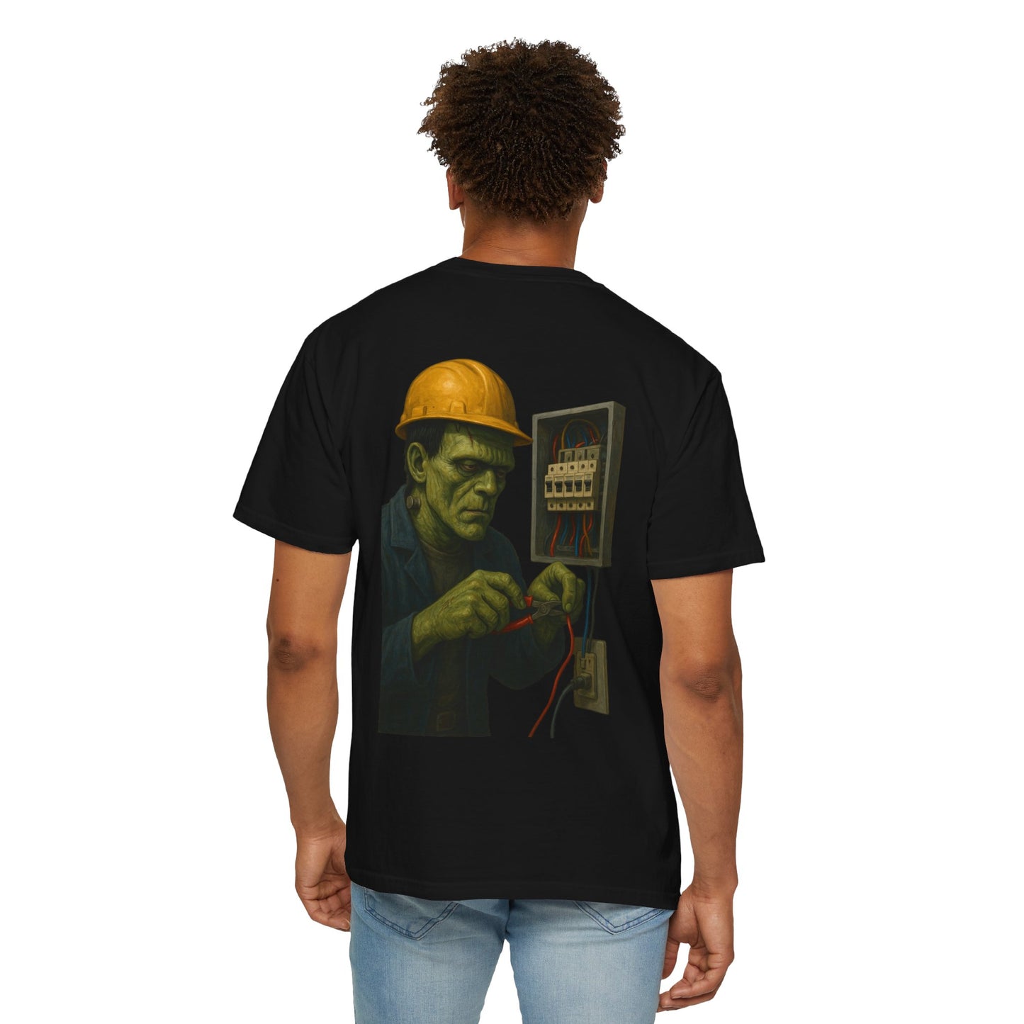 Frankenstein the electrician is busy at work. - shirt
