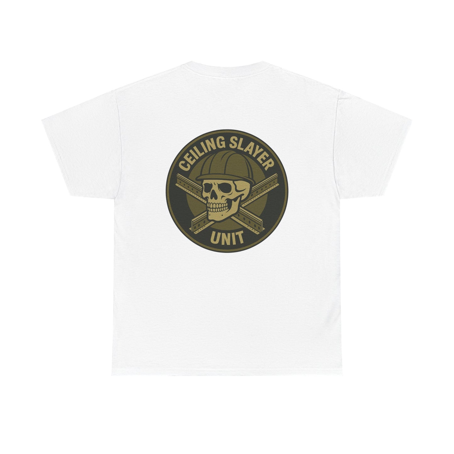 “Ceiling Slayer Unit” military inspired shirt with tbar cross and skull