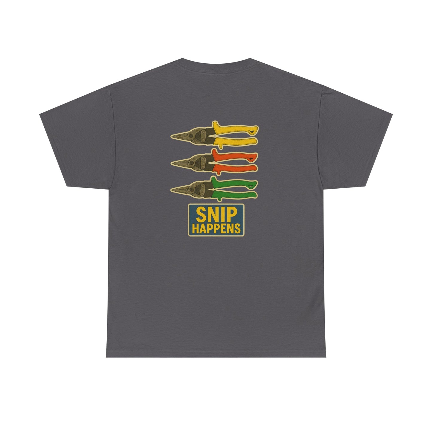 “Snip Happens” shirt with yellows, reds and greens