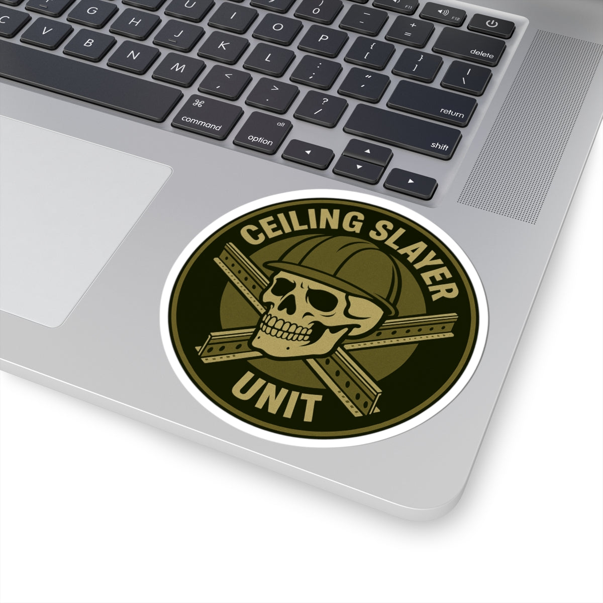 “Ceiling Slayer Unit” with skull and grid cross. Military patch inspired kiss-cut sticker