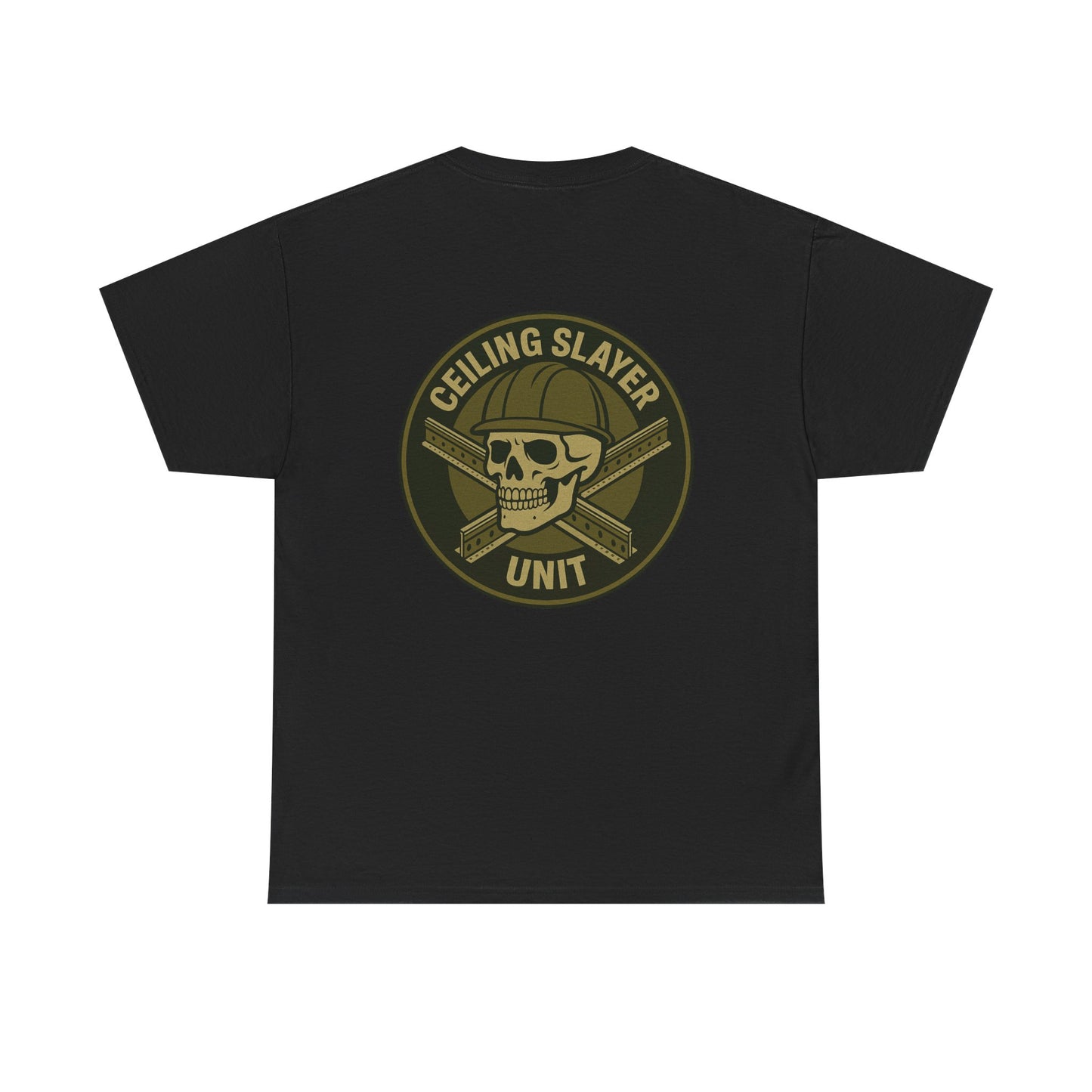 “Ceiling Slayer Unit” military inspired shirt with tbar cross and skull