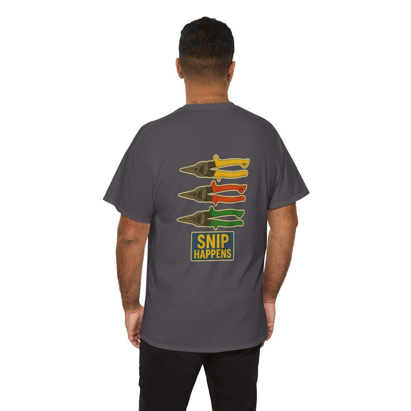 “Snip Happens” shirt with yellows, reds and greens