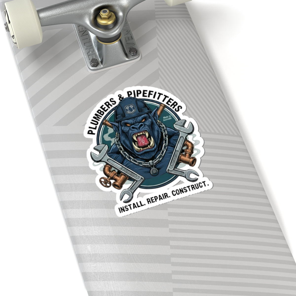 Plumbers & Pipefitters Blue Monster Sticker — 'Install. Repair. Construct.' Emblem