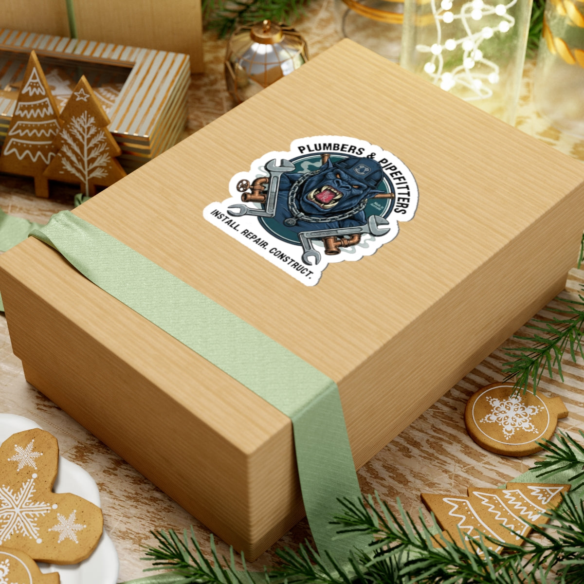 Plumbers & Pipefitters Blue Monster Sticker — 'Install. Repair. Construct.' Emblem