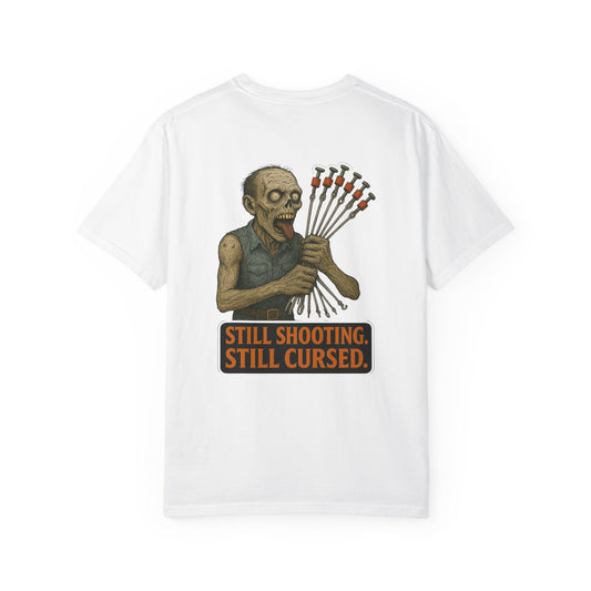 “Still Shooting. Still Cursed” (print on back)  Zombie Ceiling wire shooter - shirt