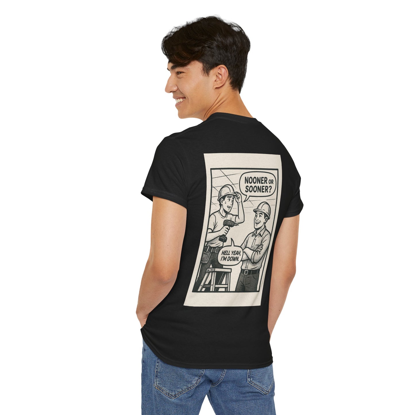 “Nooner or sooner? Hell yeah, I’m down” shirt - comic panel style