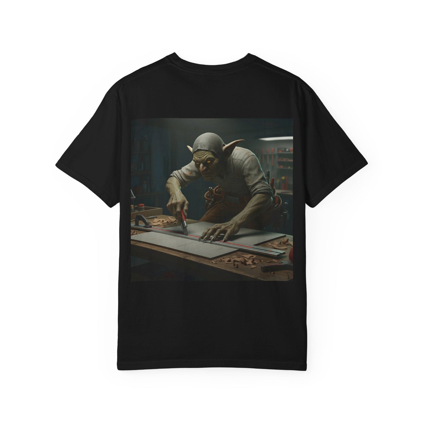 Grid Goblin using a straight edge to cut a panel - shirt