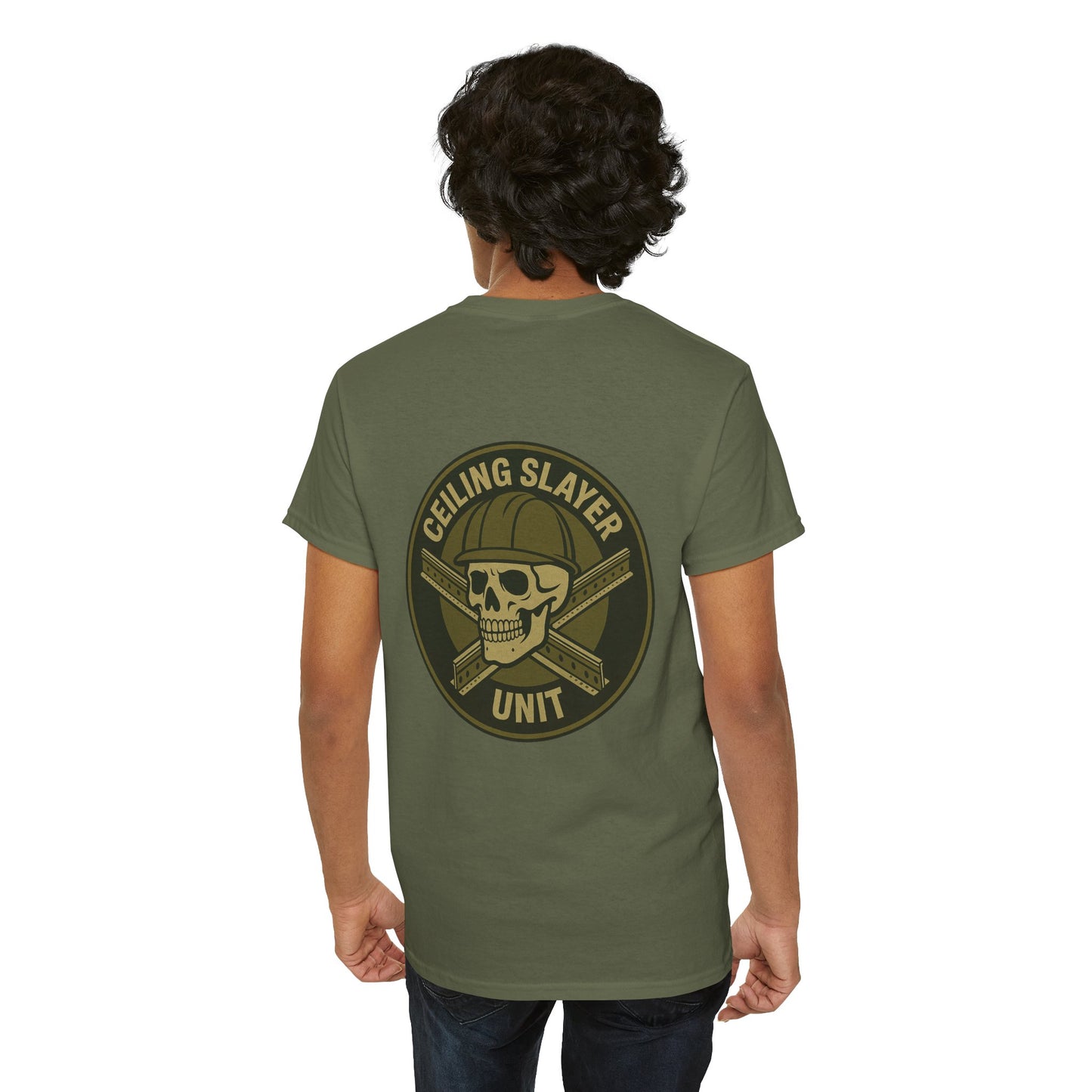“Ceiling Slayer Unit” military inspired shirt with tbar cross and skull