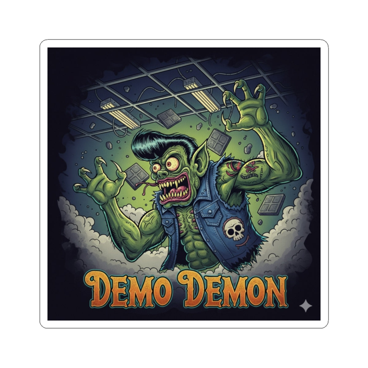 “Demo Demon” kiss-cut sticker. Rockabilly. Rat Fink design