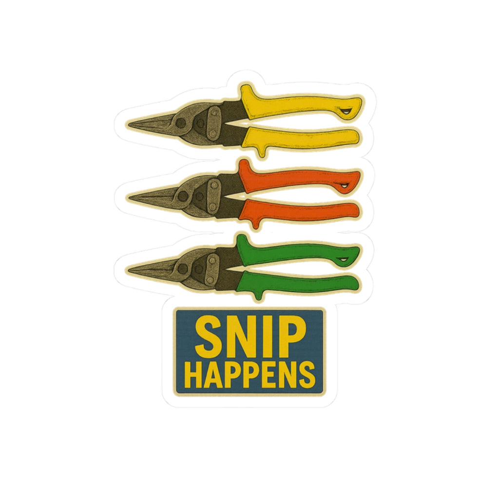 “Snip Happens” with reds, yellows, greens. - kiss-cut sticker