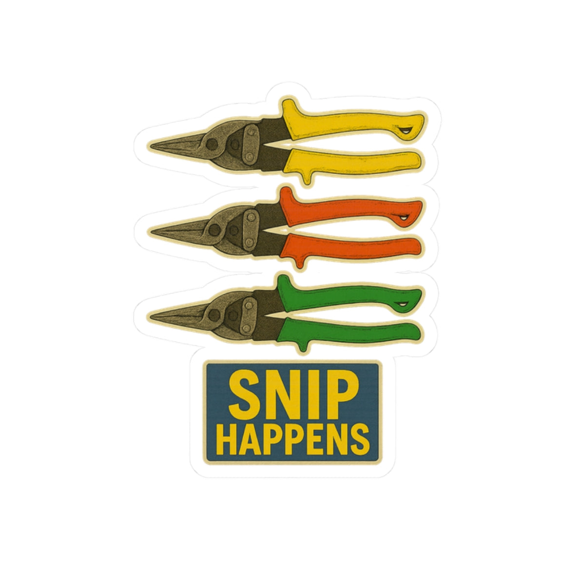 “Snip Happens” with reds, yellows, greens. - kiss-cut sticker