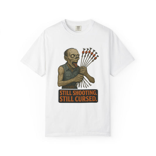 “Still Shooting. Still Cursed” (print on front) Zombie Ceiling Wire Shooter shirt