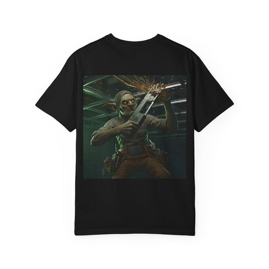 Grid Goblin using his bandsaw to cut out some grid - shirt
