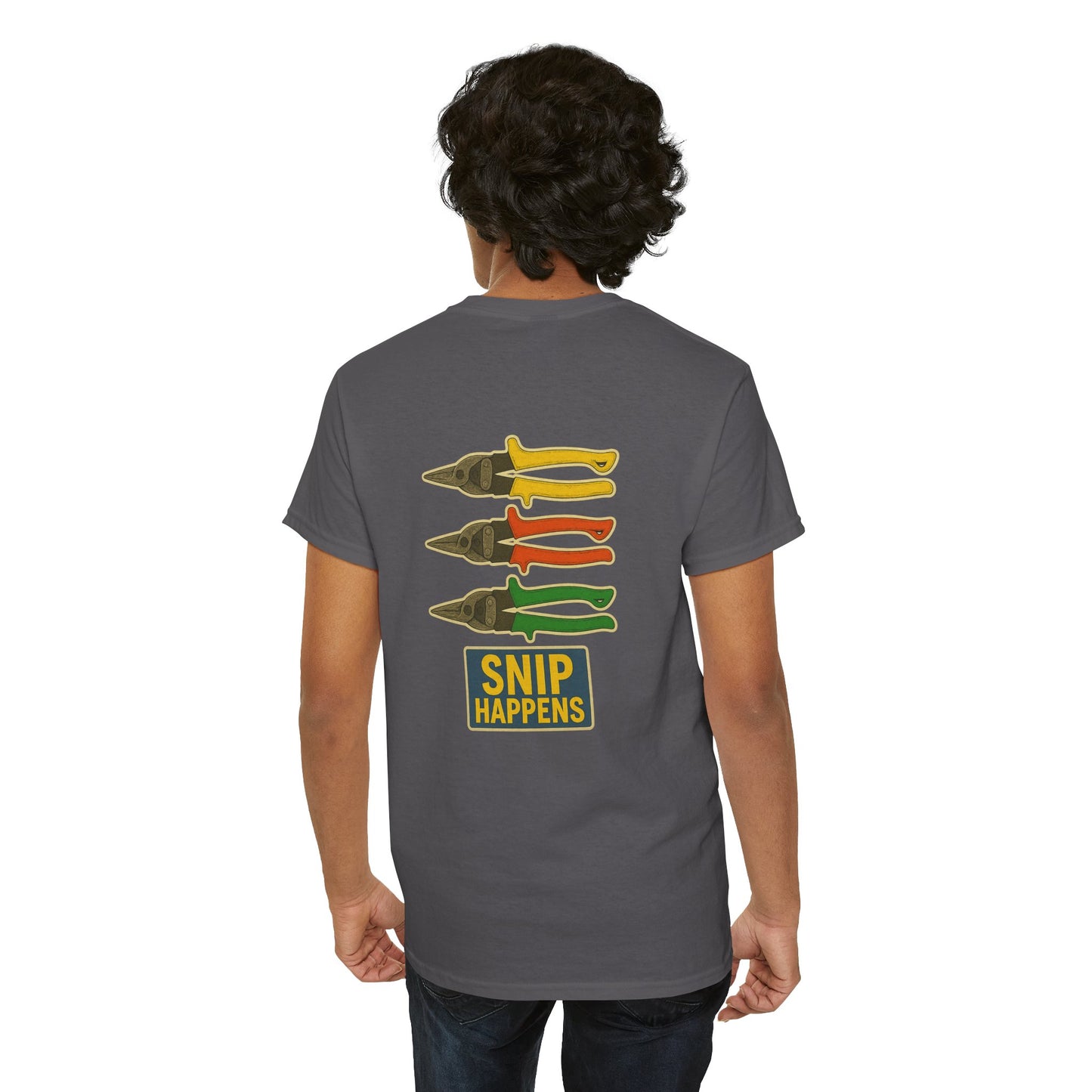 “Snip Happens” shirt with yellows, reds and greens