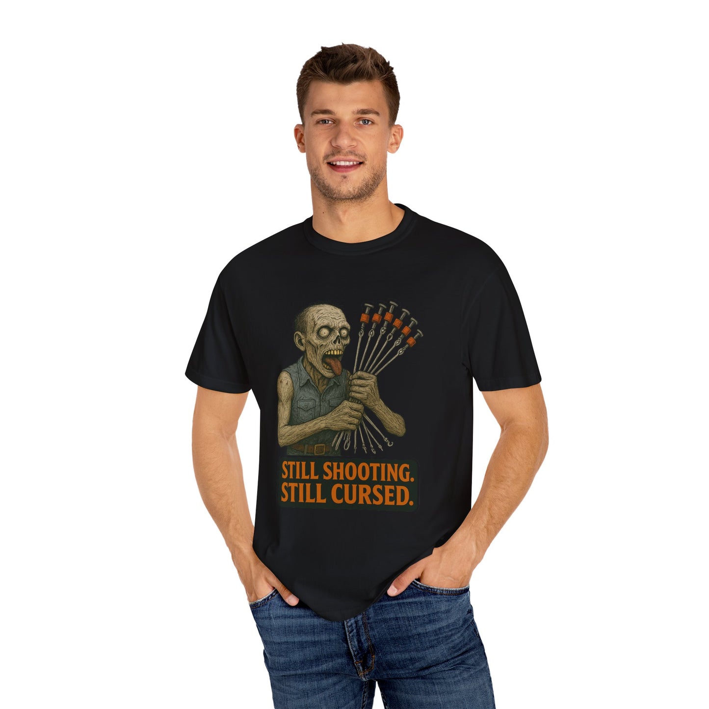 “Still Shooting. Still Cursed” (print on front) Zombie Ceiling Wire Shooter shirt