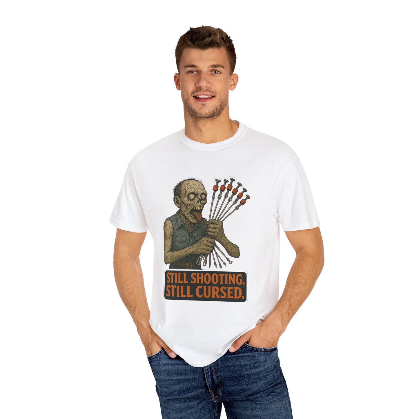 “Still Shooting. Still Cursed” (print on front) Zombie Ceiling Wire Shooter shirt