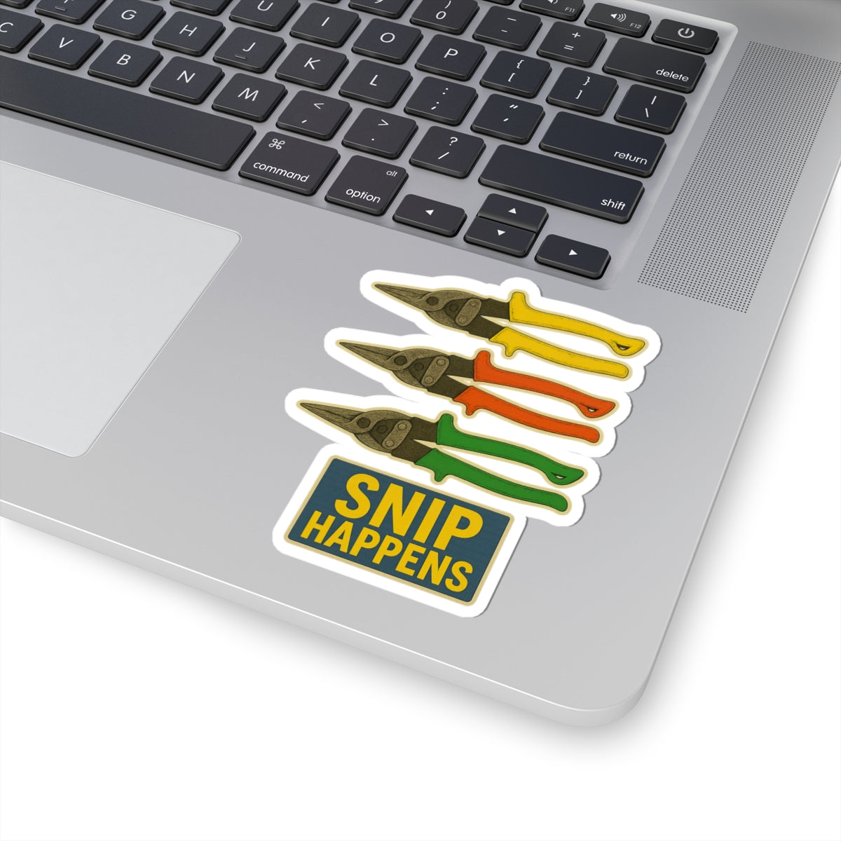 “Snip Happens” with reds, yellows, greens. - kiss-cut sticker