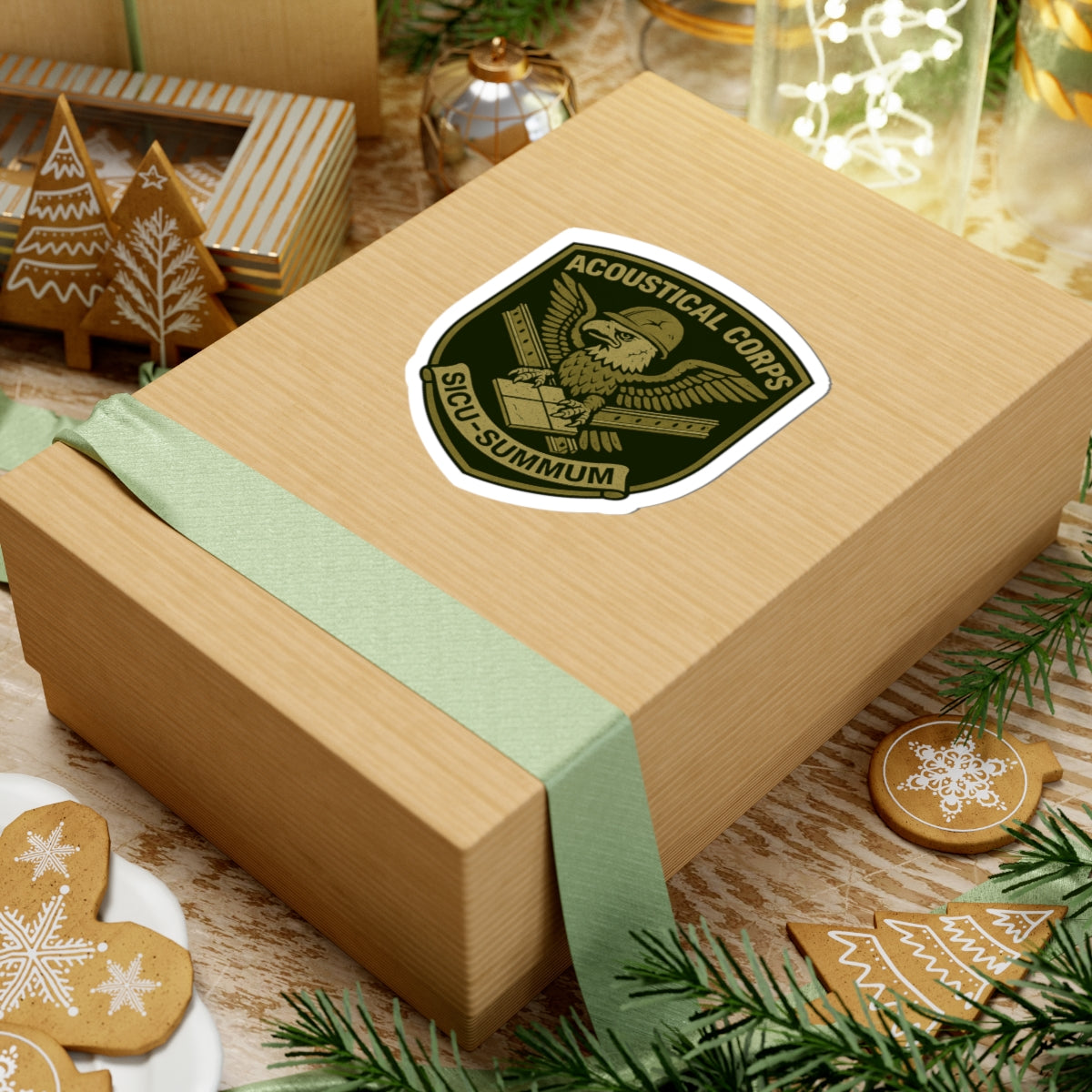 “Acoustical Corps” with Eagle, tbar and tile. Military patch inspired kiss-cut sticker