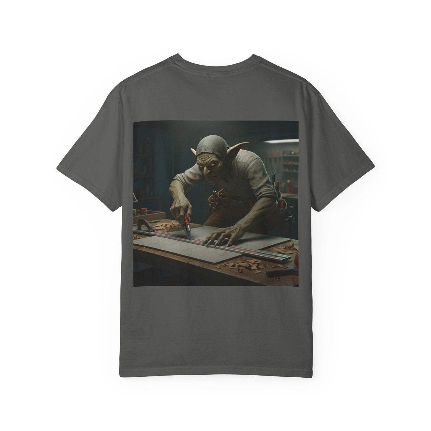 Grid Goblin using a straight edge to cut a panel - shirt