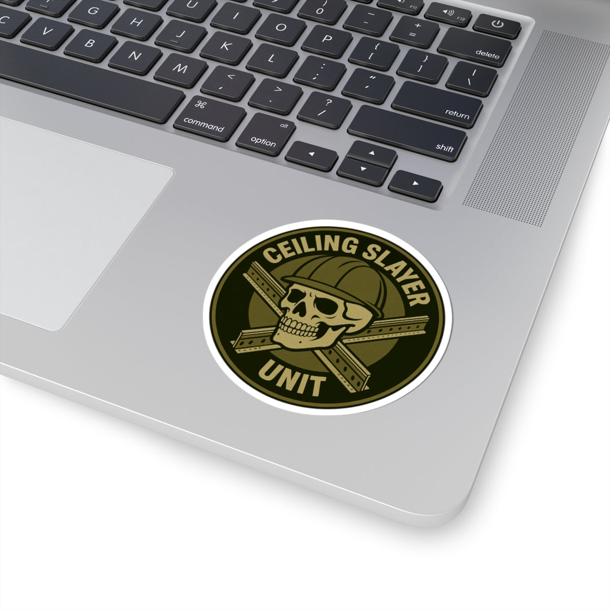 “Ceiling Slayer Unit” with skull and grid cross. Military patch inspired kiss-cut sticker