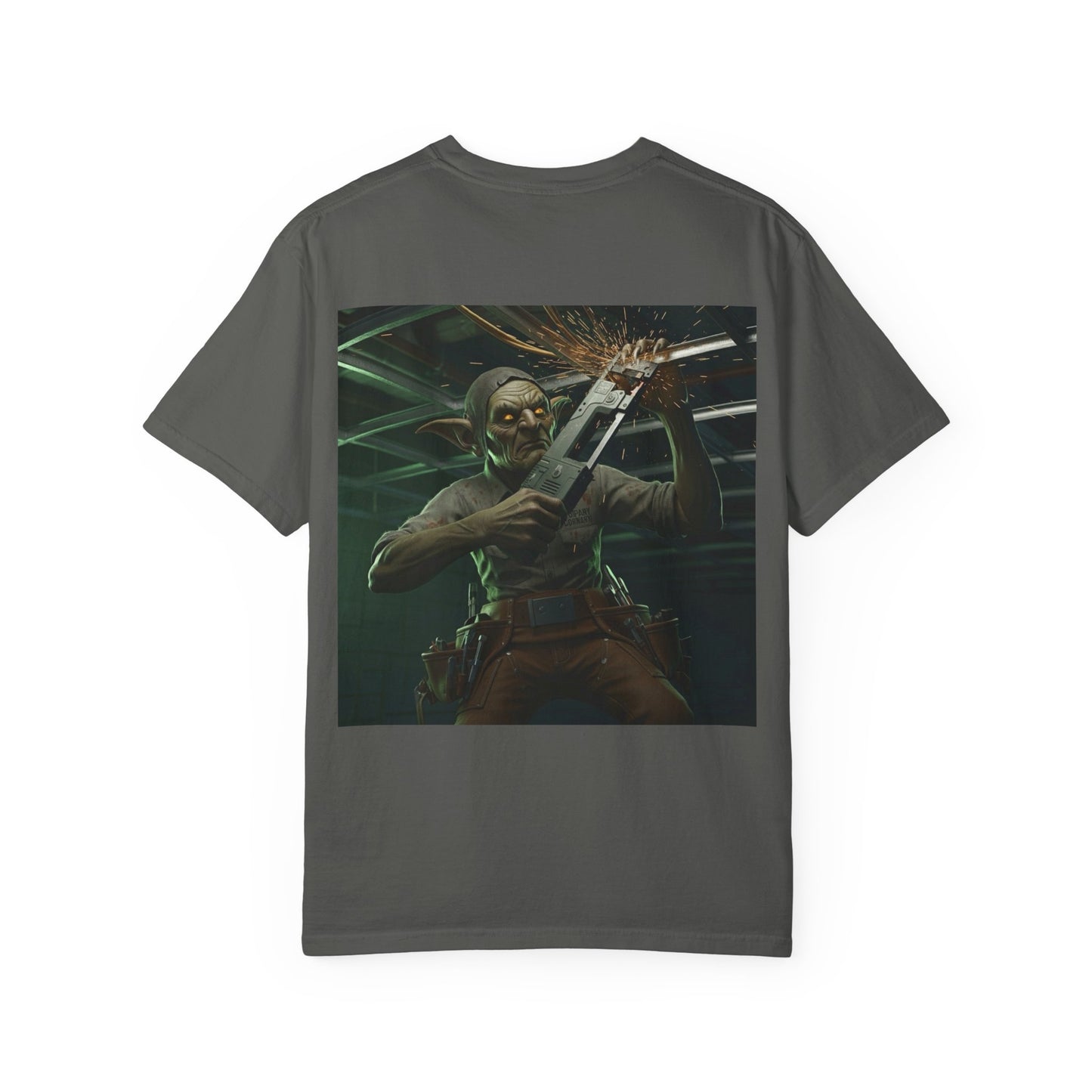 Grid Goblin using his bandsaw to cut out some grid - shirt