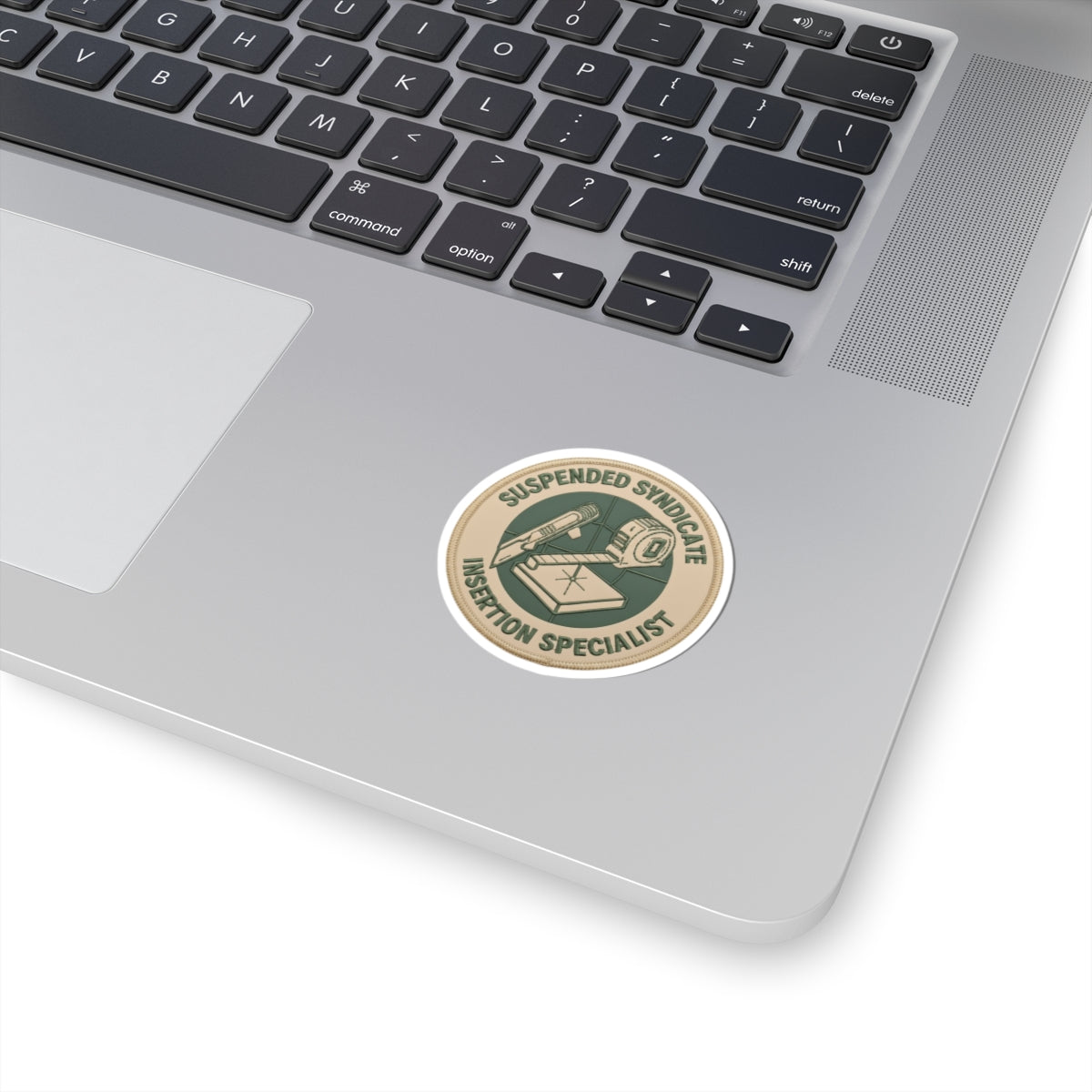 “Suspended Syndicate. Insertion Specialist” (light pvc patch version) kiss-cut sticker