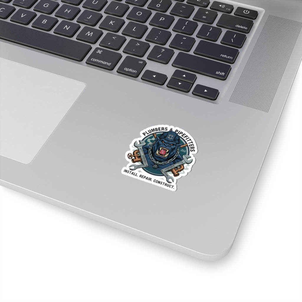 Plumbers & Pipefitters Blue Monster Sticker — 'Install. Repair. Construct.' Emblem