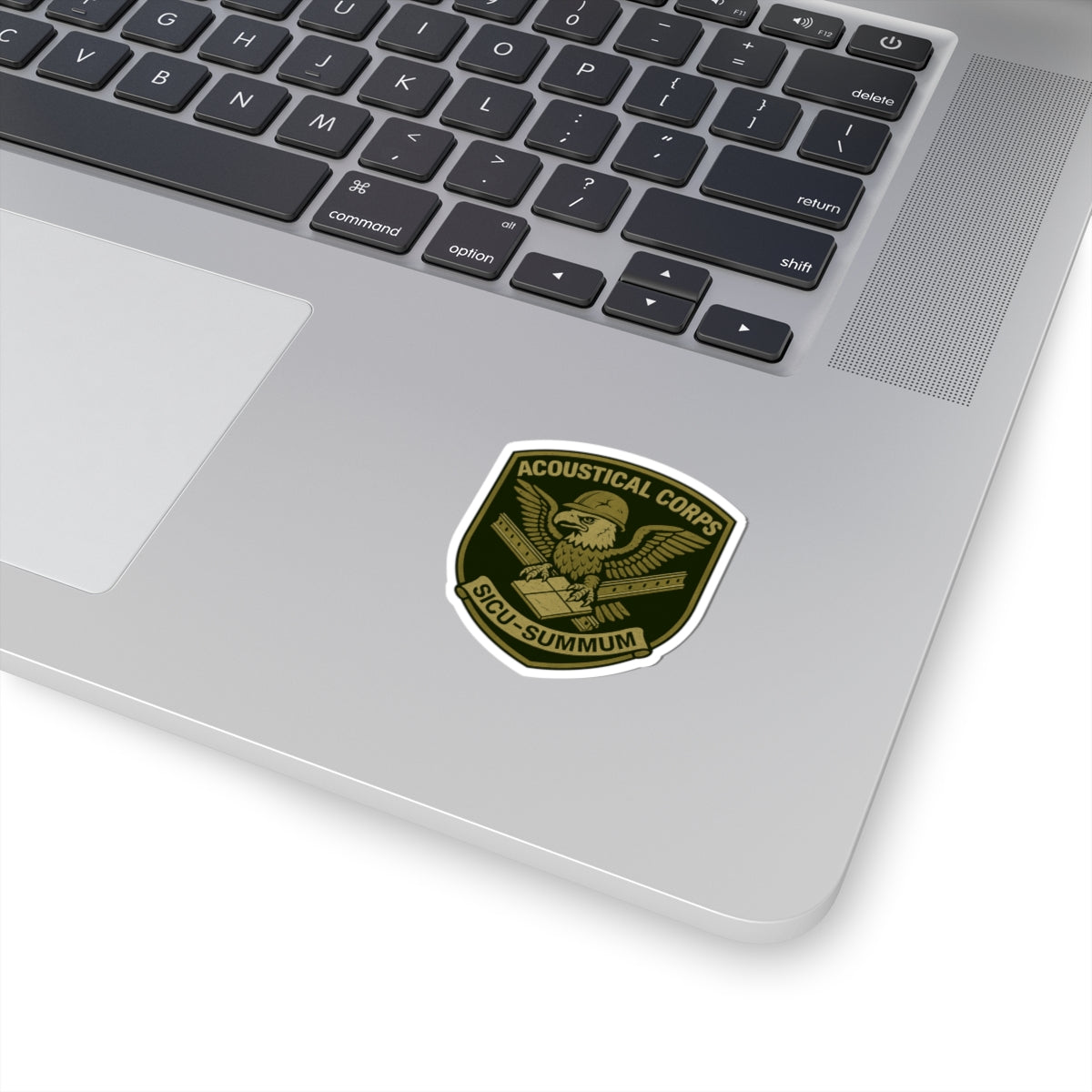 “Acoustical Corps” with Eagle, tbar and tile. Military patch inspired kiss-cut sticker