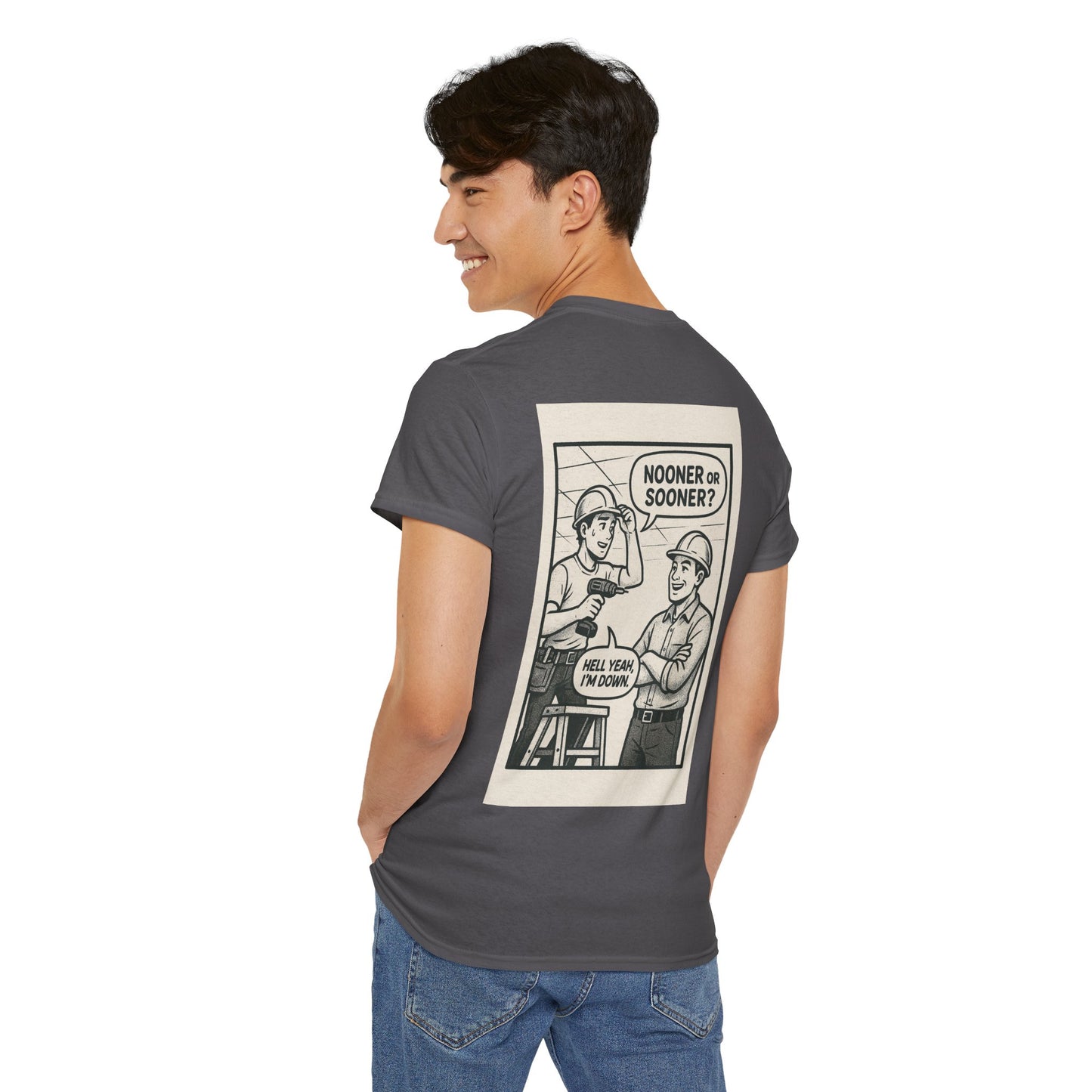 “Nooner or sooner? Hell yeah, I’m down” shirt - comic panel style