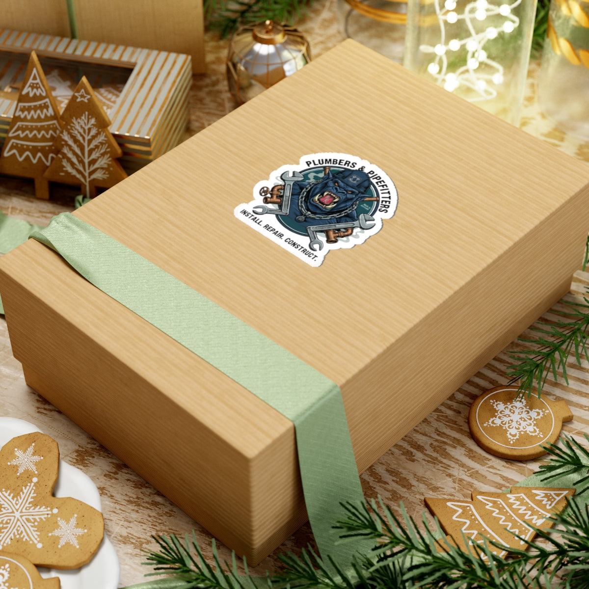 Plumbers & Pipefitters Blue Monster Sticker — 'Install. Repair. Construct.' Emblem