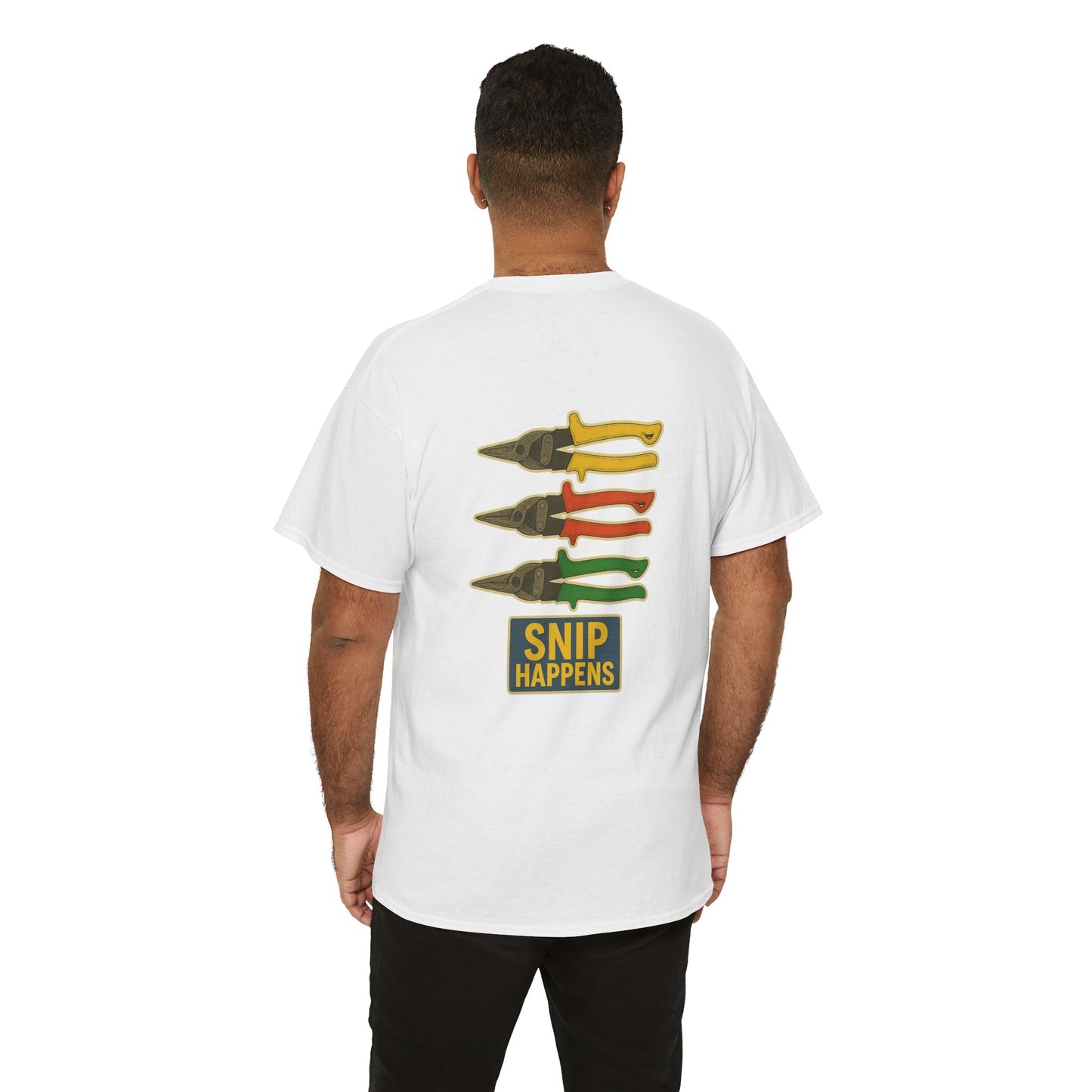 “Snip Happens” shirt with yellows, reds and greens