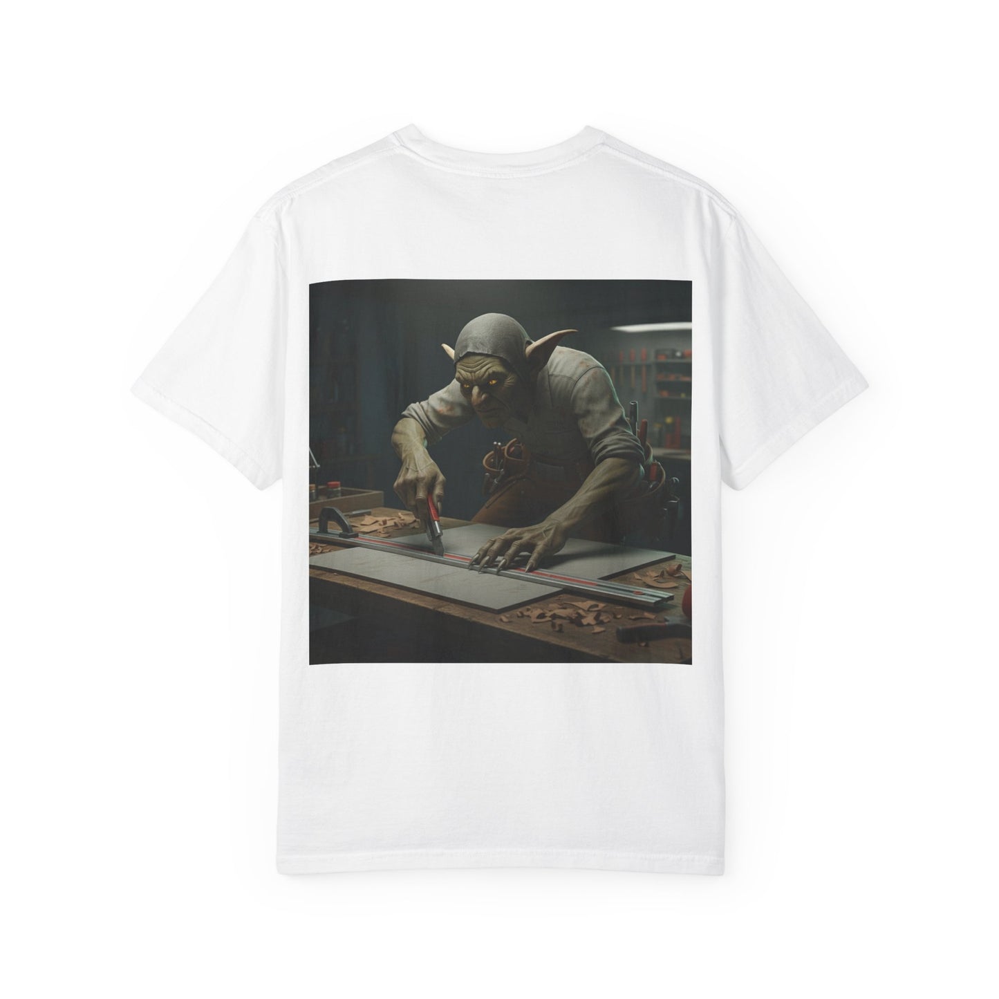 Grid Goblin using a straight edge to cut a panel - shirt