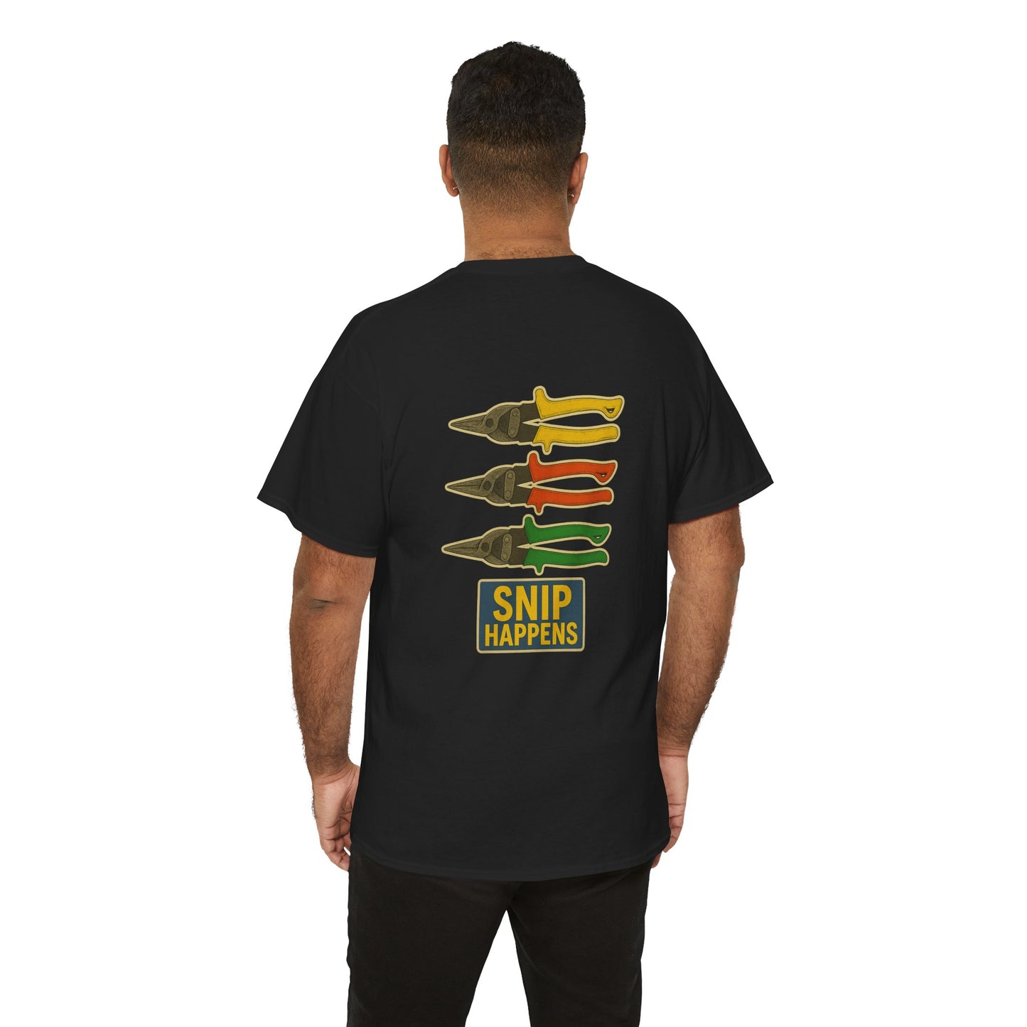 “Snip Happens” shirt with yellows, reds and greens
