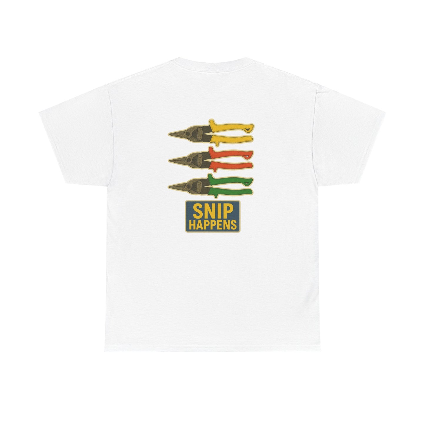 “Snip Happens” shirt with yellows, reds and greens