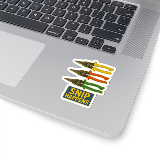“Snip Happens” with reds, yellows, greens. - kiss-cut sticker