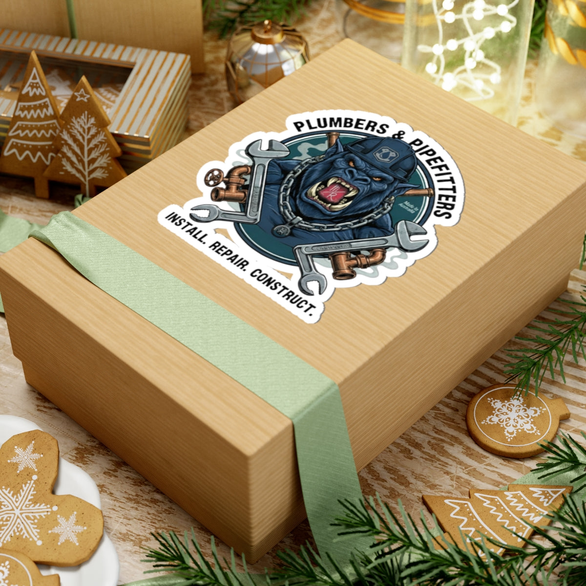 Plumbers & Pipefitters Blue Monster Sticker — 'Install. Repair. Construct.' Emblem