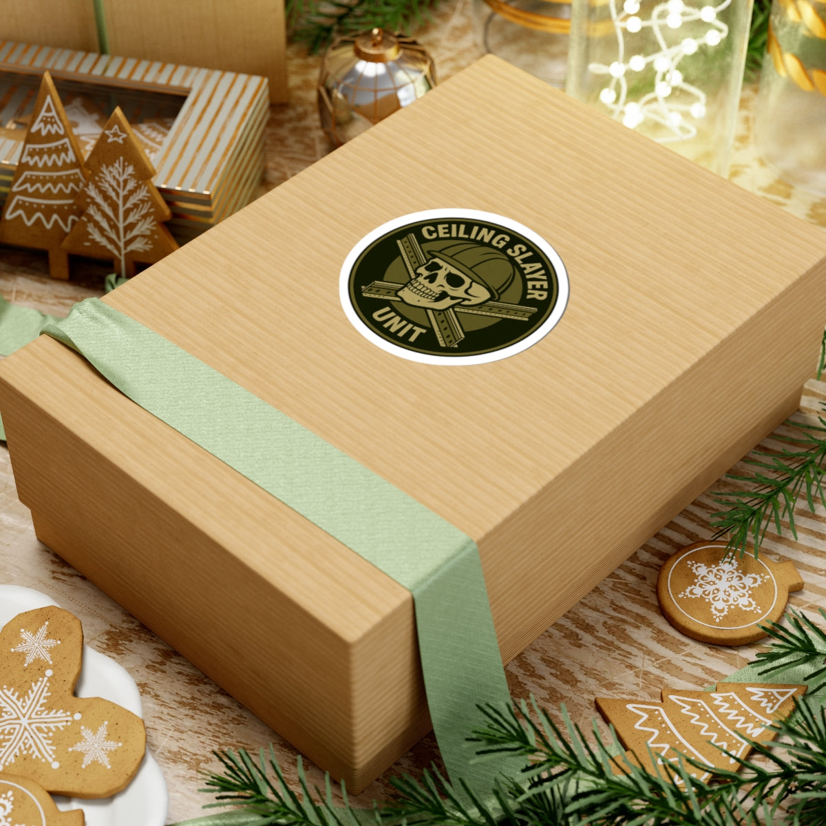 “Ceiling Slayer Unit” with skull and grid cross. Military patch inspired kiss-cut sticker