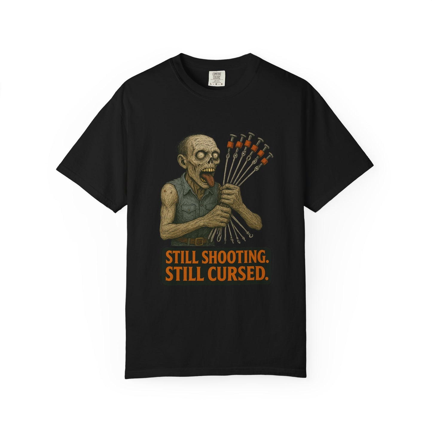 “Still Shooting. Still Cursed” (print on front) Zombie Ceiling Wire Shooter shirt